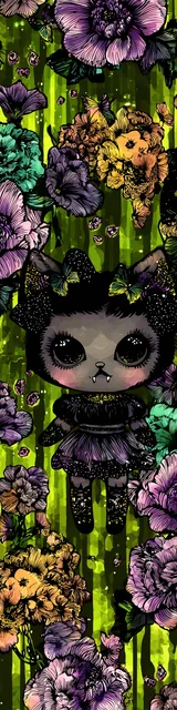 Free kawaii cats bookmark featuring a little vampire cat with green stripes